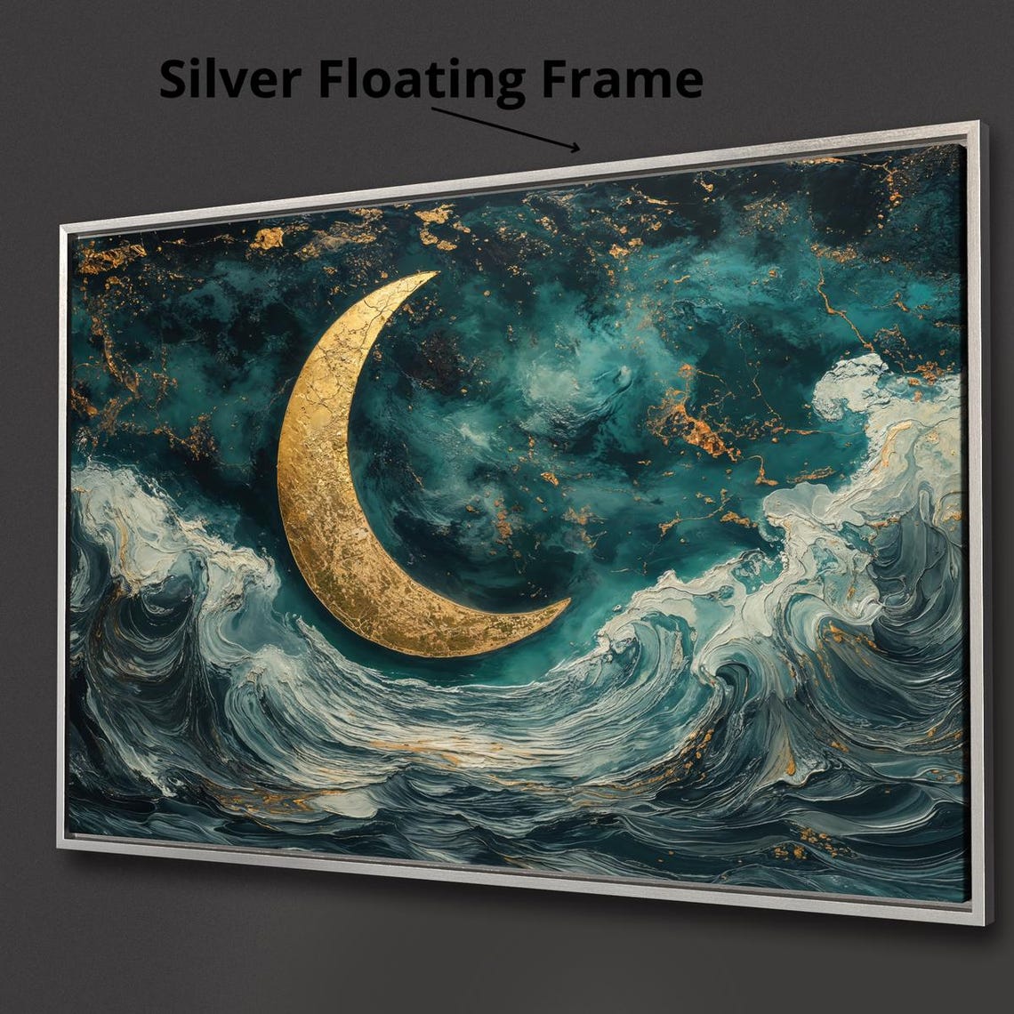 Golden Crescent Moon Over Dark Ocean Waves Abstract Art Print - Image 4