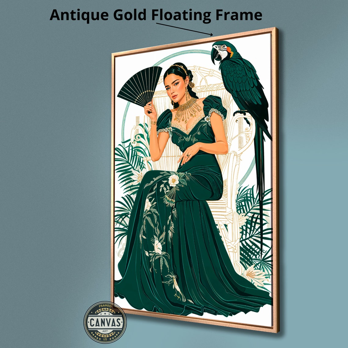 Elegant Woman With Parrot Emerald Gown Tropical Vintage Art Poster - Image 2