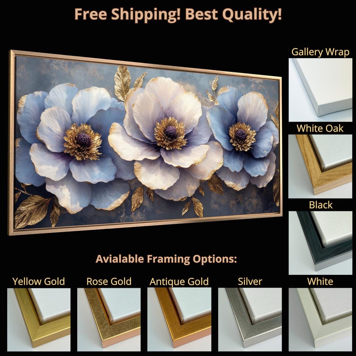 Blue And White Lush Flowers Panoramic Floral Painting Wall Poster - Image 5