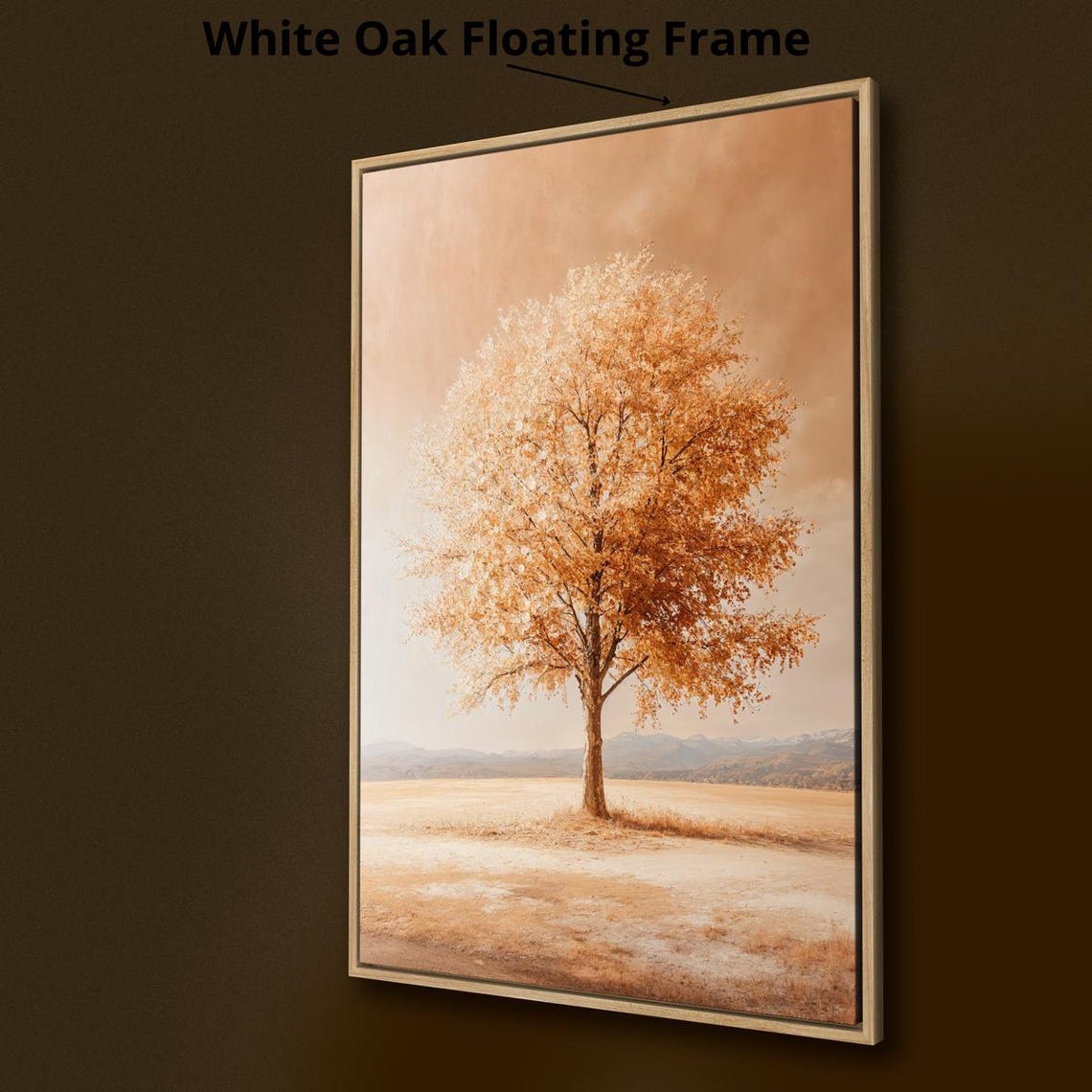 Lone Copper Orange Tree In Misty Beige Field Vertical Wall Poster - Image 3