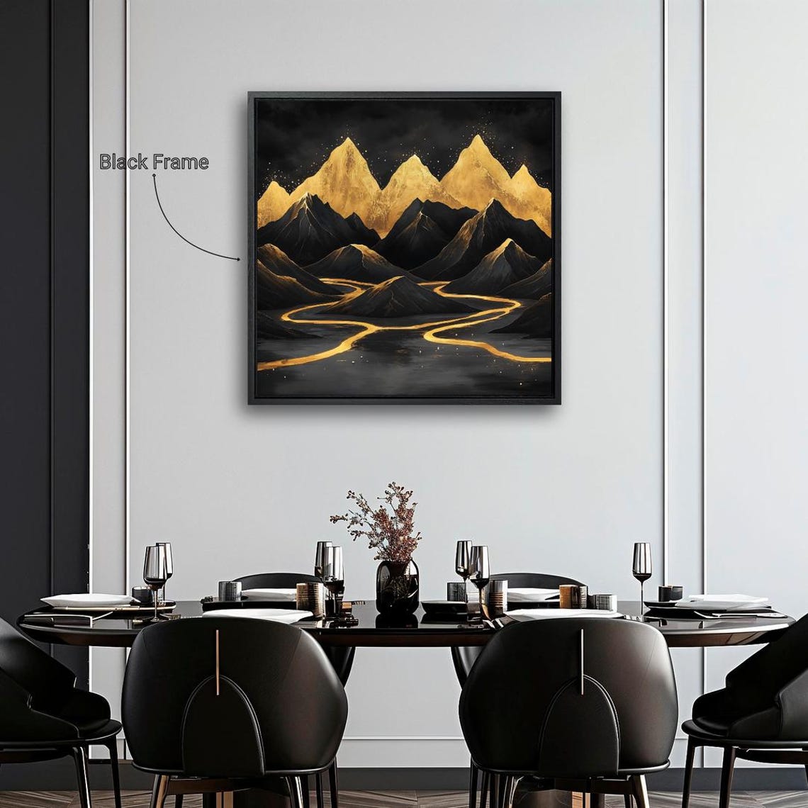 Gothic Black Mountains Golden Peaks Starry Night River Art Print - Image 4