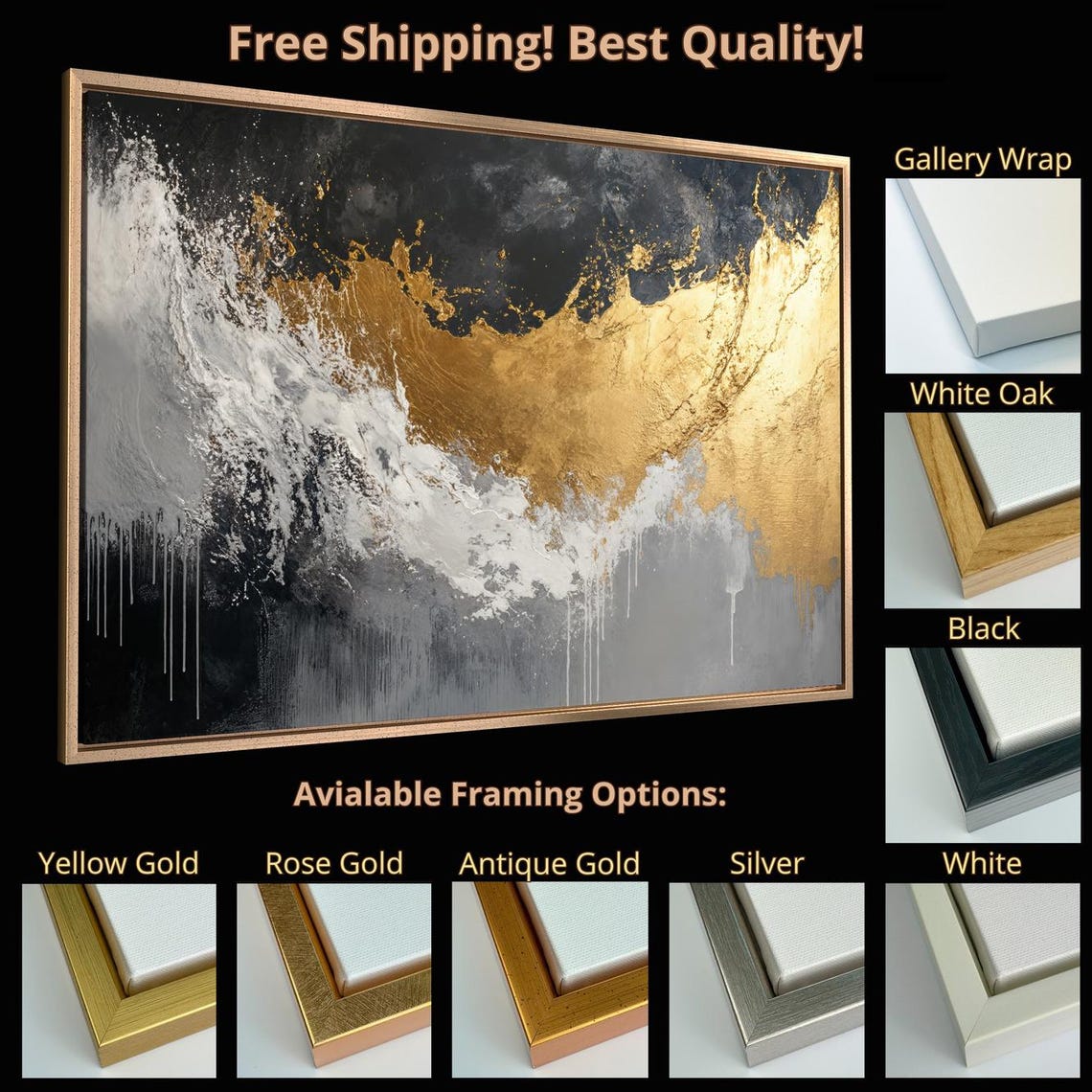 Bold Black Gold Gray White Abstract Expression Drips Art Print - Image 5