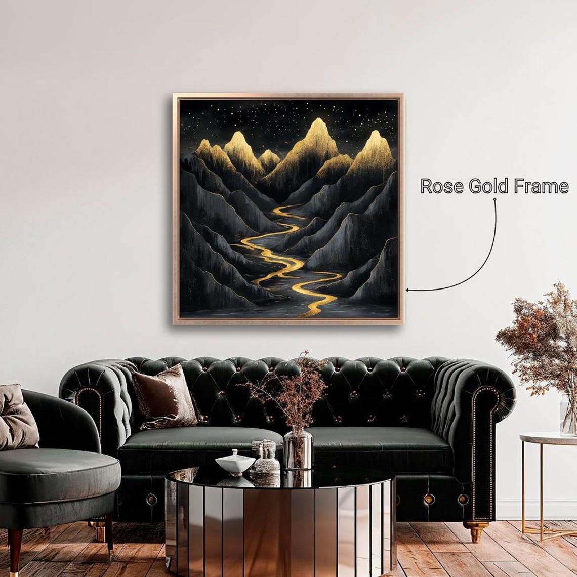 Black Mountain Peaks Golden Starry Night River Luxury Art Print - Image 4