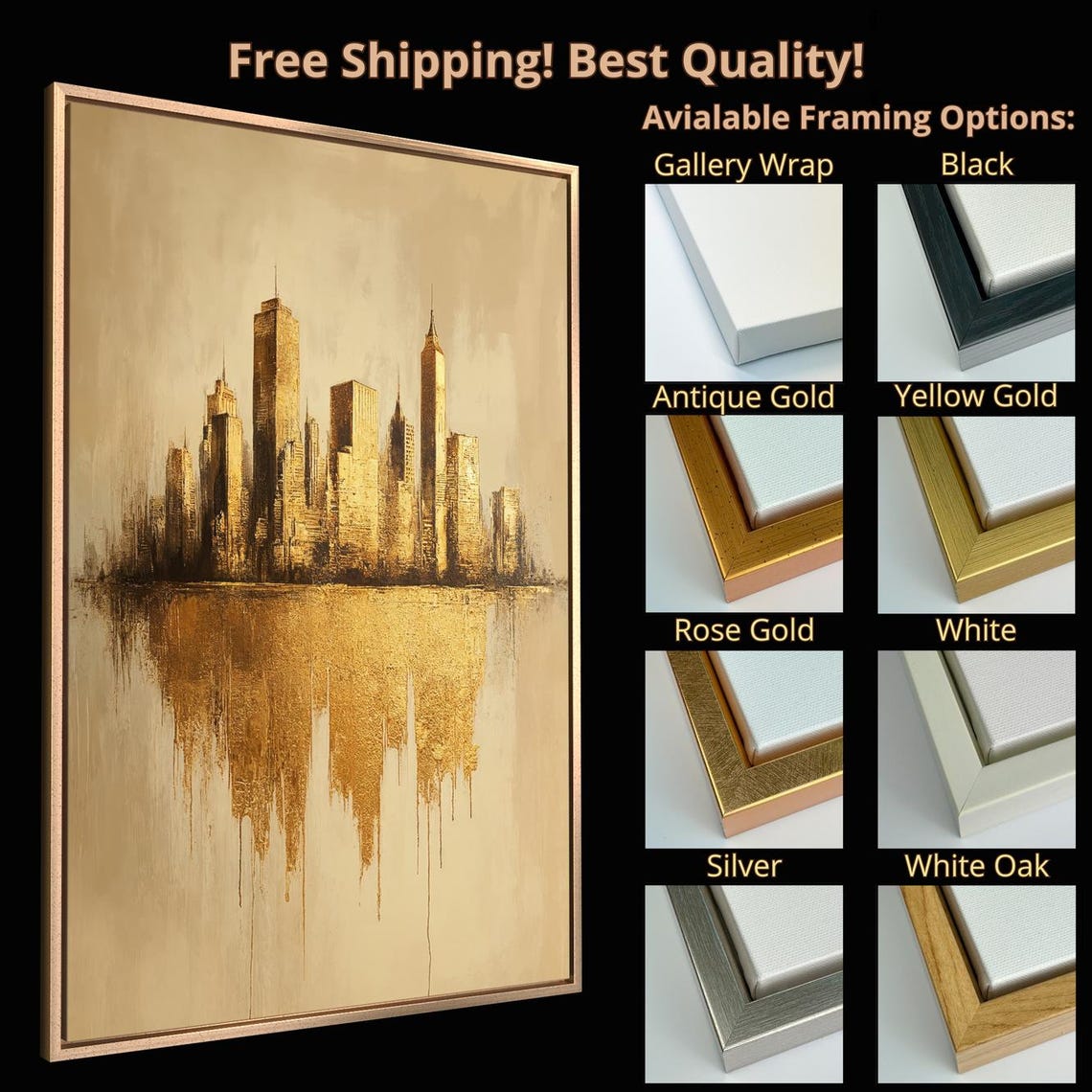 Golden Urban City Skyline Silhouette Reflection Modern Art Print - Image 5