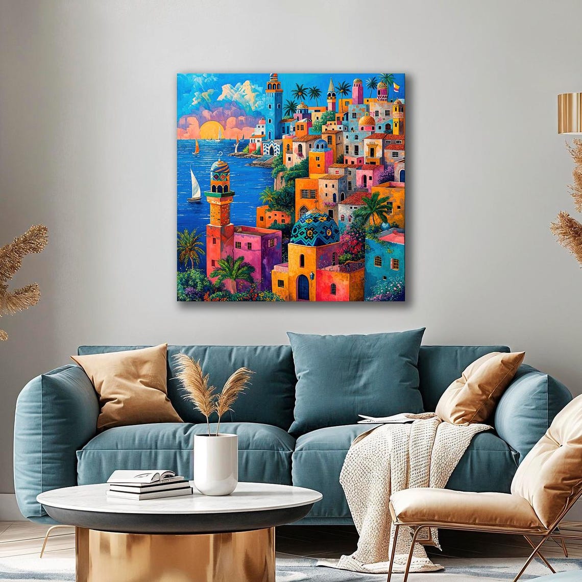 Colorful Coastal Town Towers Domes Sunset Harbor Sailing Poster - Image 2