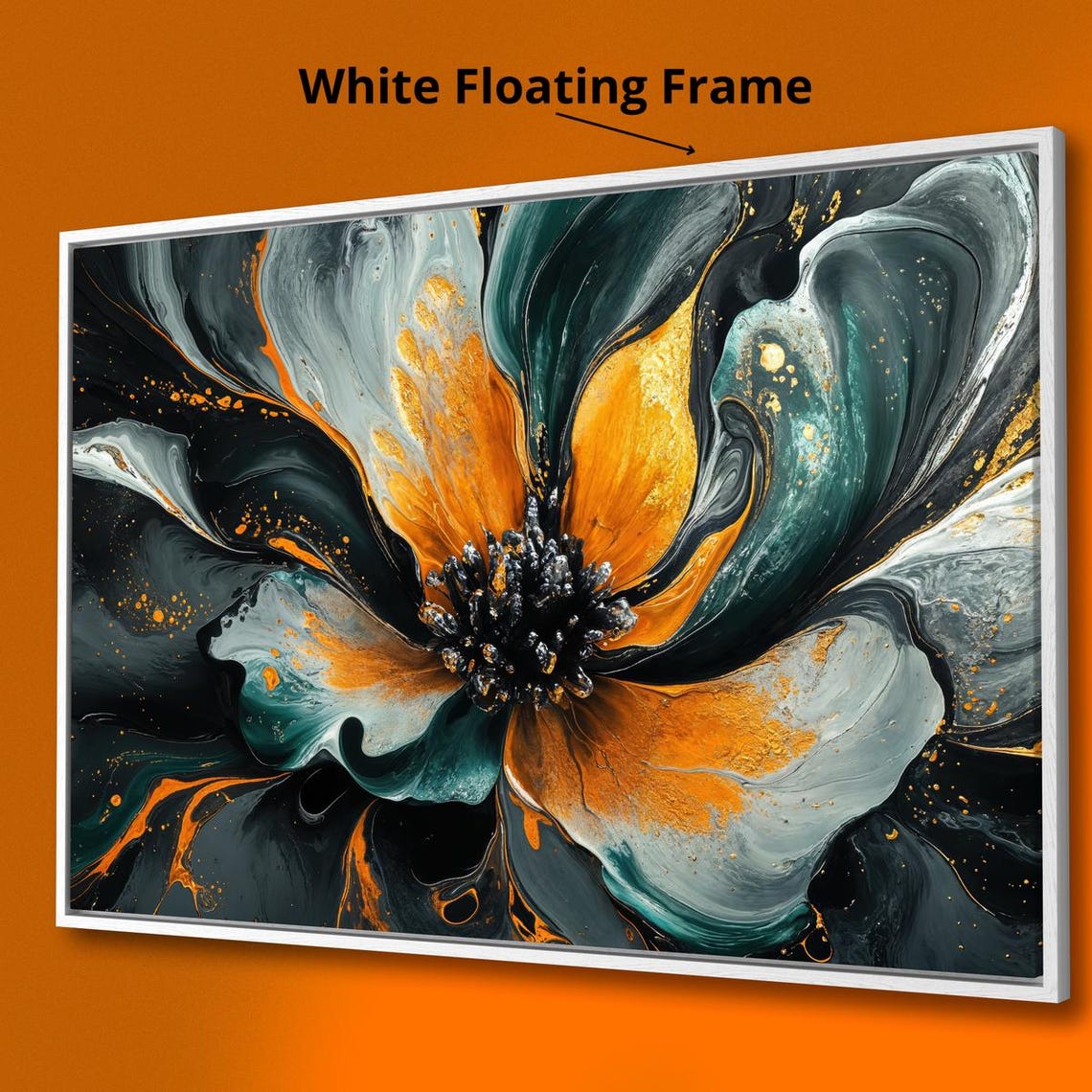 Gorgeous Abstract Fluid Flower Black Teal Orange Gold Bloom Art Print - Image 3