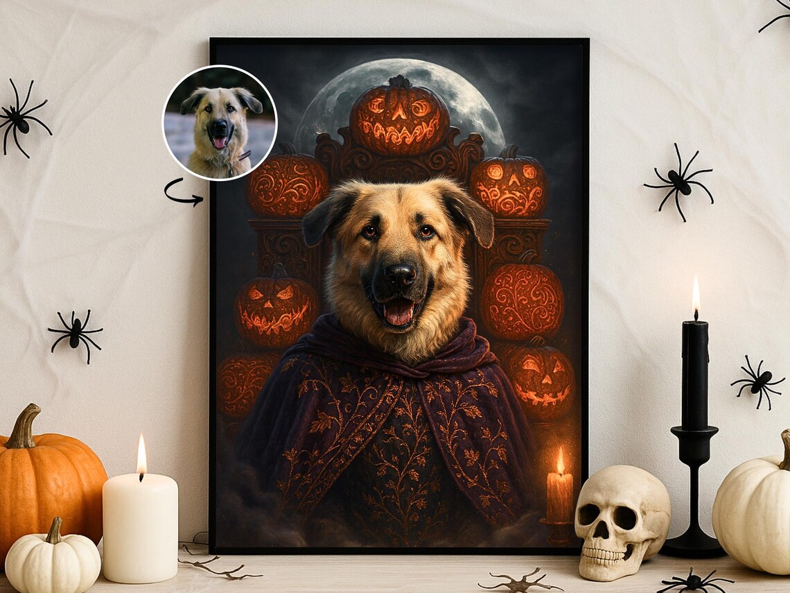 Halloween Custom Pet Portrait Pumpkin Throne Wall Art Gothic Dog Cat Poster
