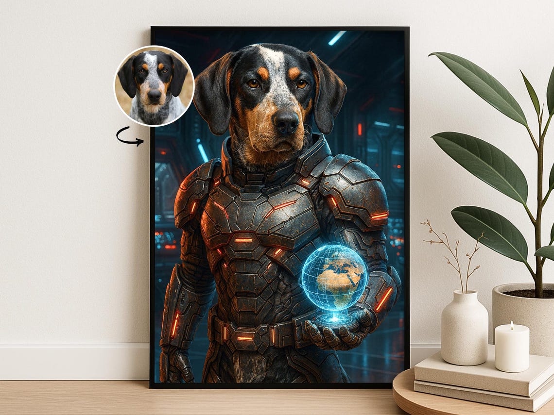 Custom Space Ranger Dog Portrait Futuristic Armored Pet Poster