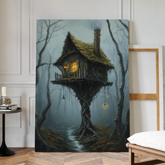 Mystical Treehouse Canvas Wall Art Enchanted Forest Cabin Print Dark Fairytale Tree Home Decor With Fog And Twisted Roots