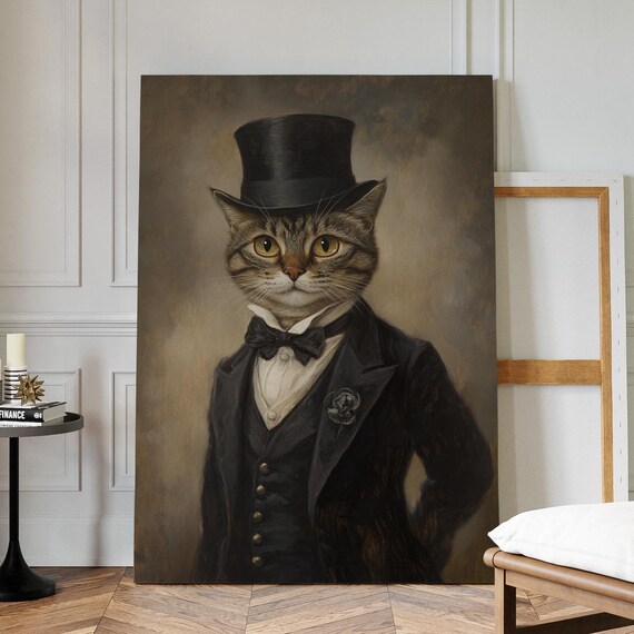 Dapper Tabby Cat In Top Hat And Tuxedo Vintage Portrait Wall Art