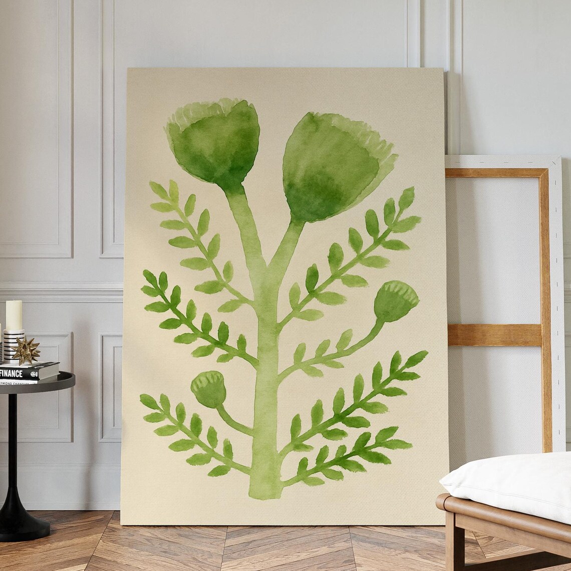 Green Botanical Watercolor Folk Plant Illustration Buds Poster