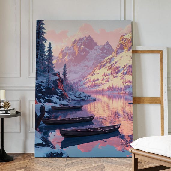 Pink Snowy Mountain Lake With Rowboats Canvas Tranquil Winter Landscape Wall Art For Lodge Cabin Or Natureinspired Decor