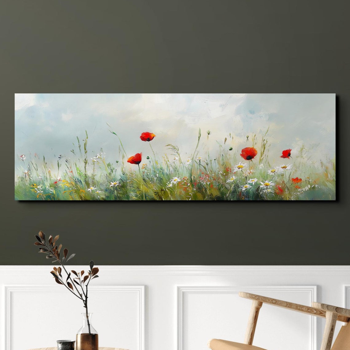Red Poppies White Daisies Wild Meadow Soft Sky Panoramic Art Poster