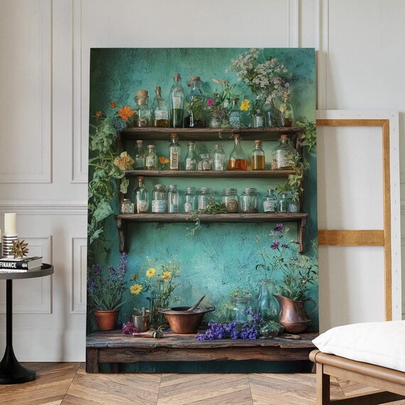 Rustic Apothecary Shelf With Herb Jars Wildflowers Teal Cottagecore Wall Poster