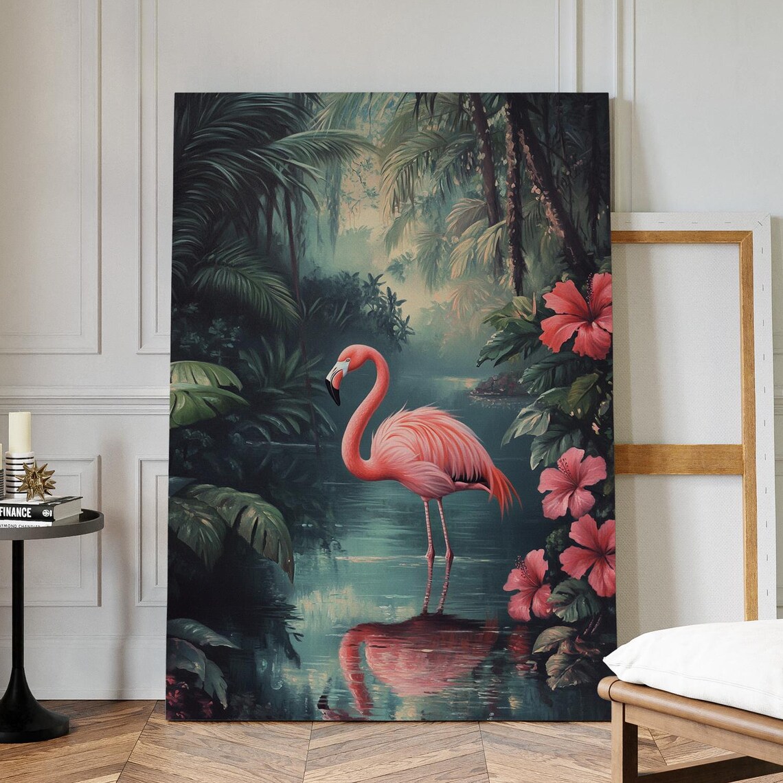 Elegant Flamingo Standing In Jungle Water Reflection Hibiscus Poster