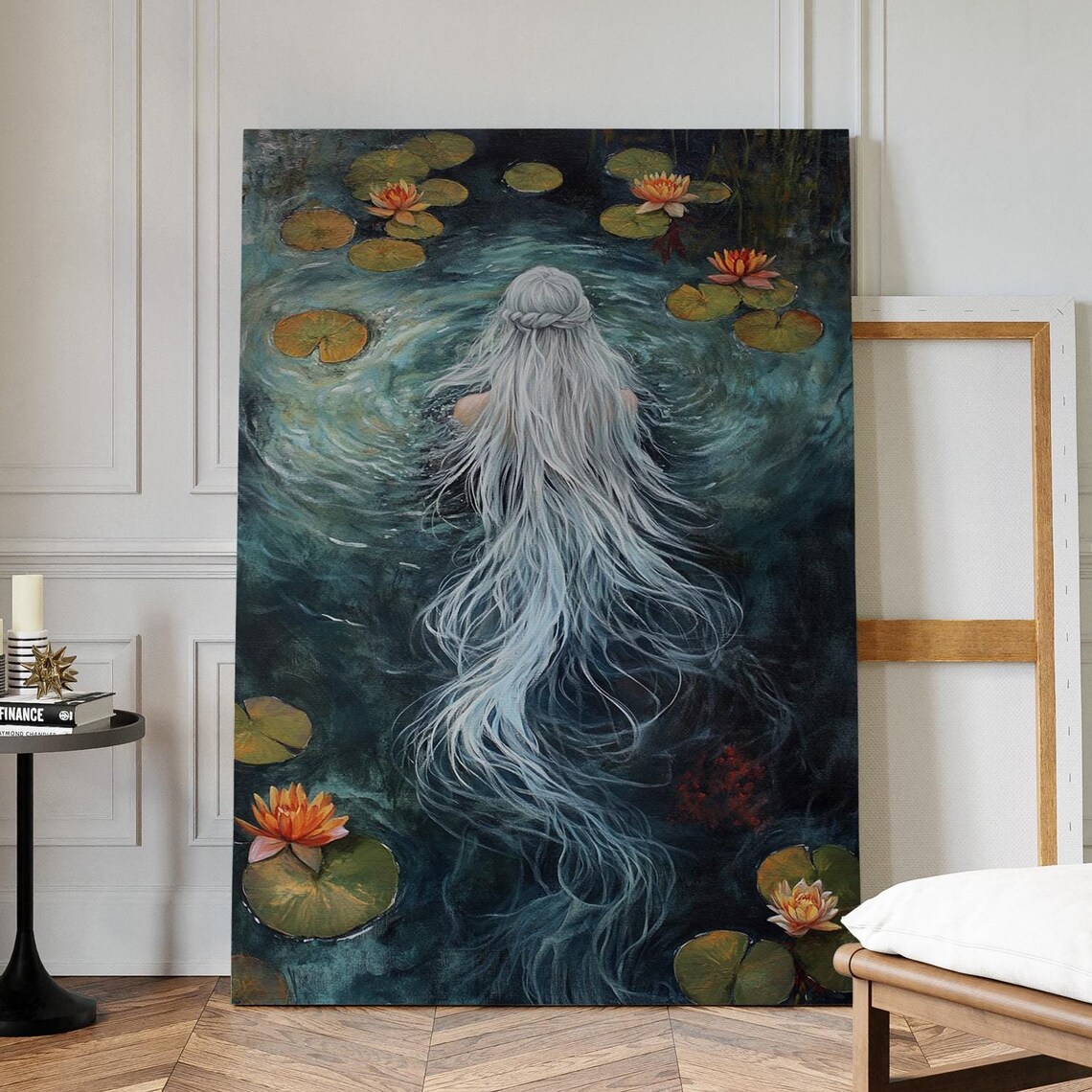 Mystical Water Goddess Flowing Silver Hair Lily Pond Wall Art Poster