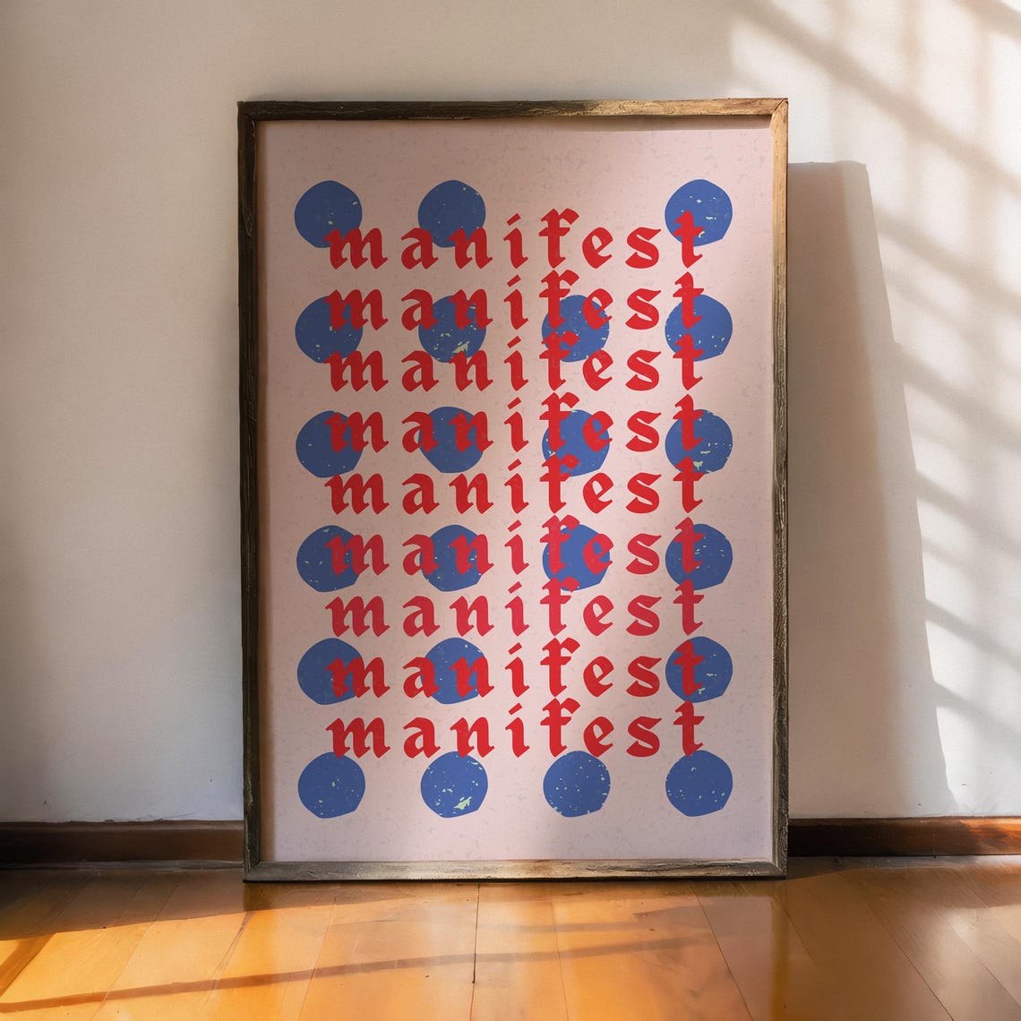 Manifest Repeated Typography Red Gothic Polka Dot Retro Wall Art Print