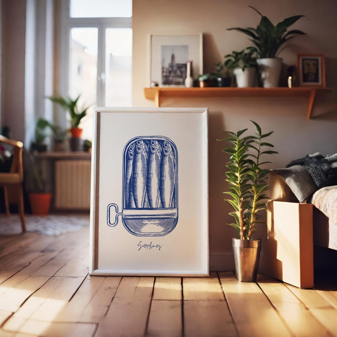 Vintage Sardines Tin Blue Ink Fish Illustration Retro Kitchen Poster - Image 2