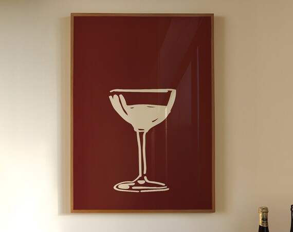 Cream Coupe Cocktail Glass Deep Burgundy Minimalist Bar Art Poster