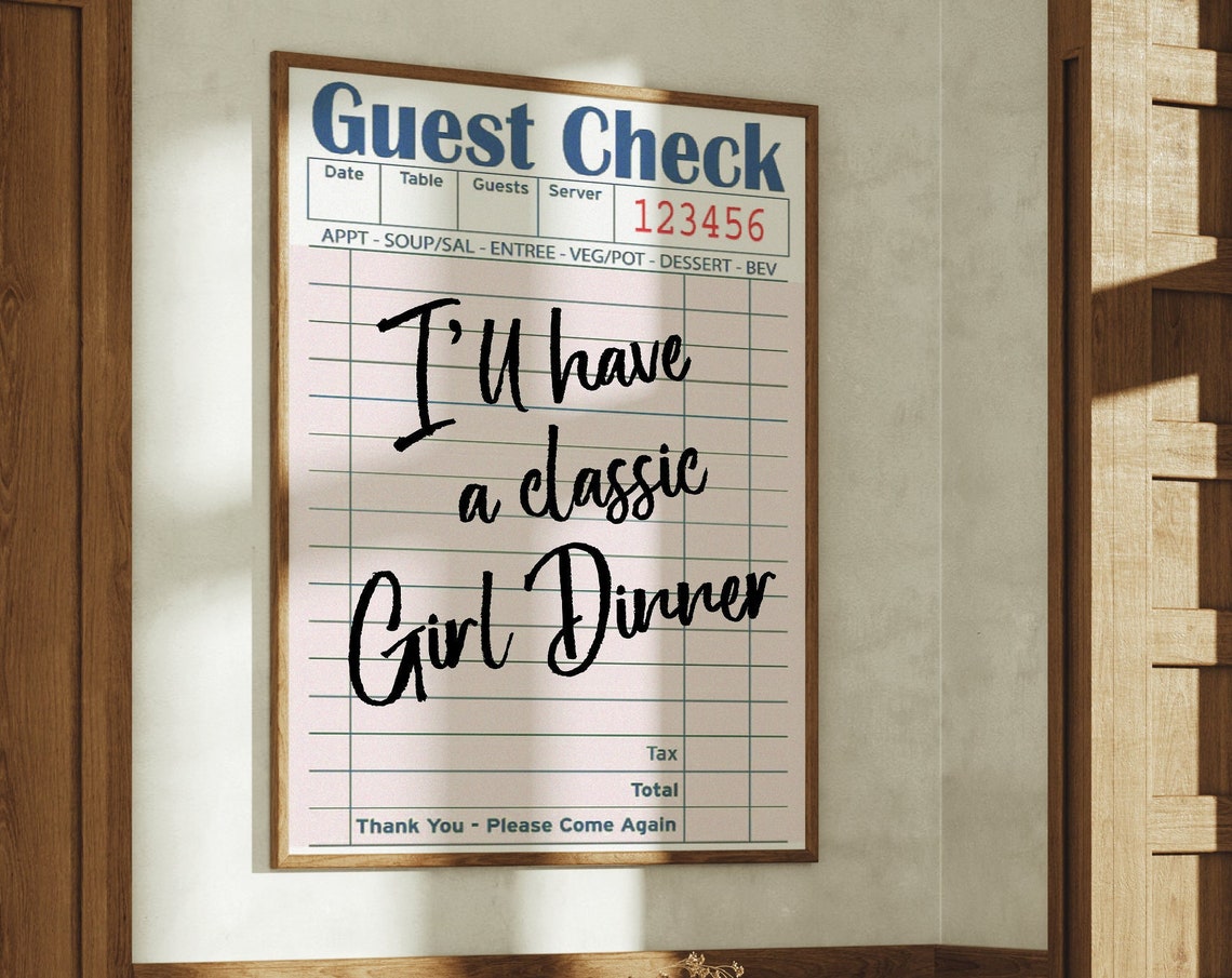 Girl Dinner Retro Guest Check Script Trendy Kitchen Decor Poster