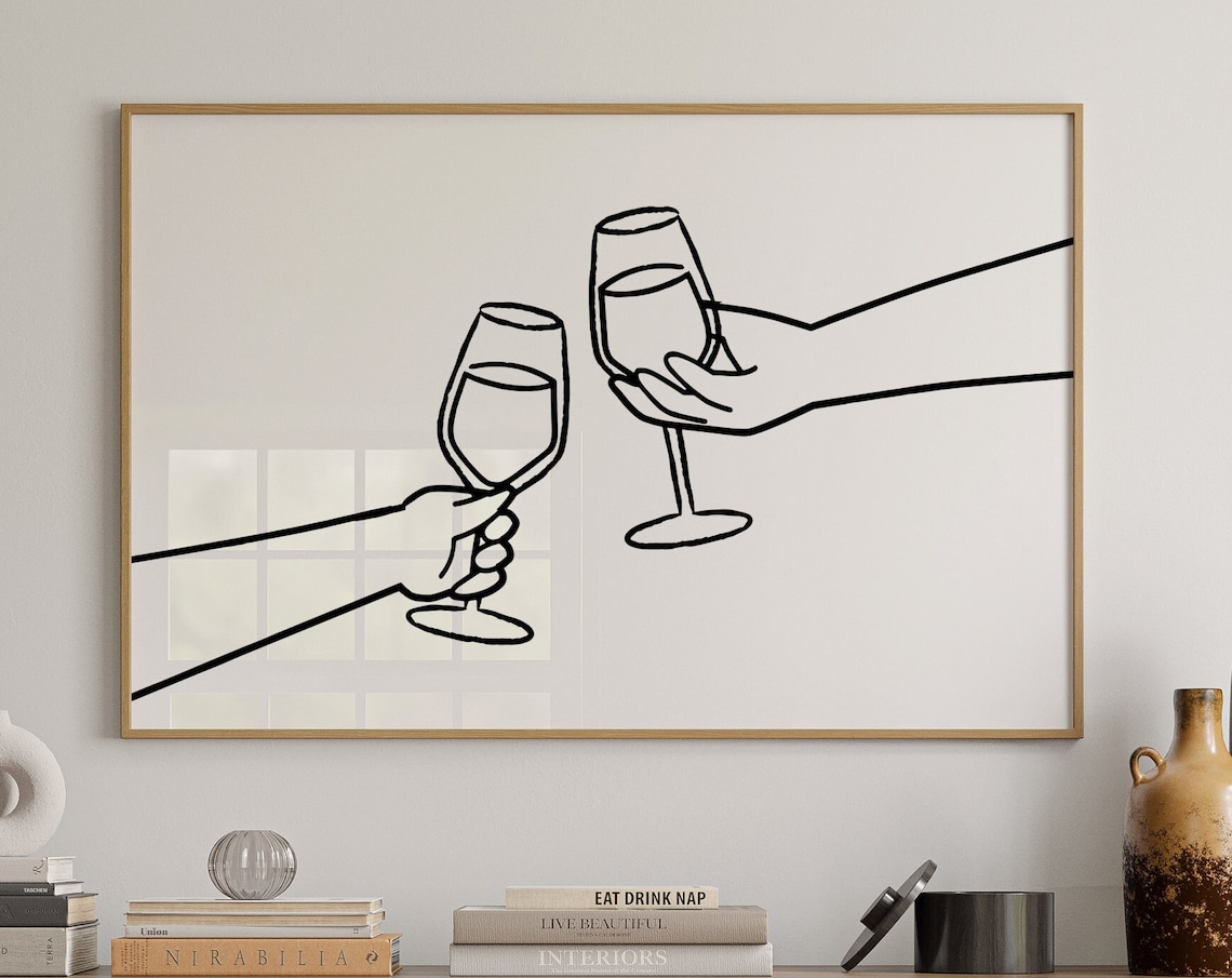 Cheers Wine Glasses Toast Modern Line Art Kitchen Bar Wall Art Poster