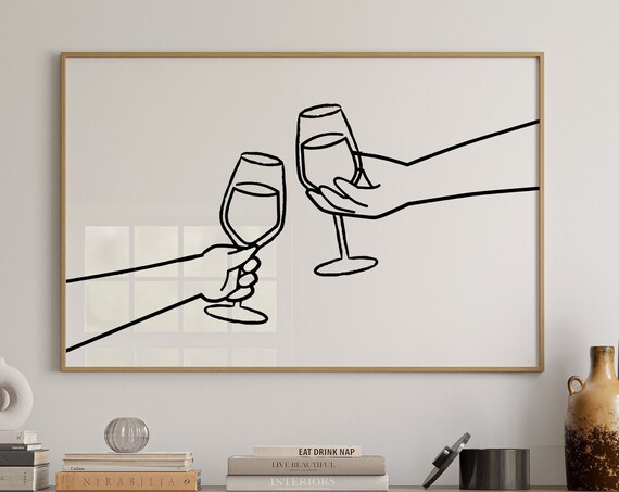Cheers Wine Glasses Toast Modern Line Art Kitchen Bar Wall Art Poster