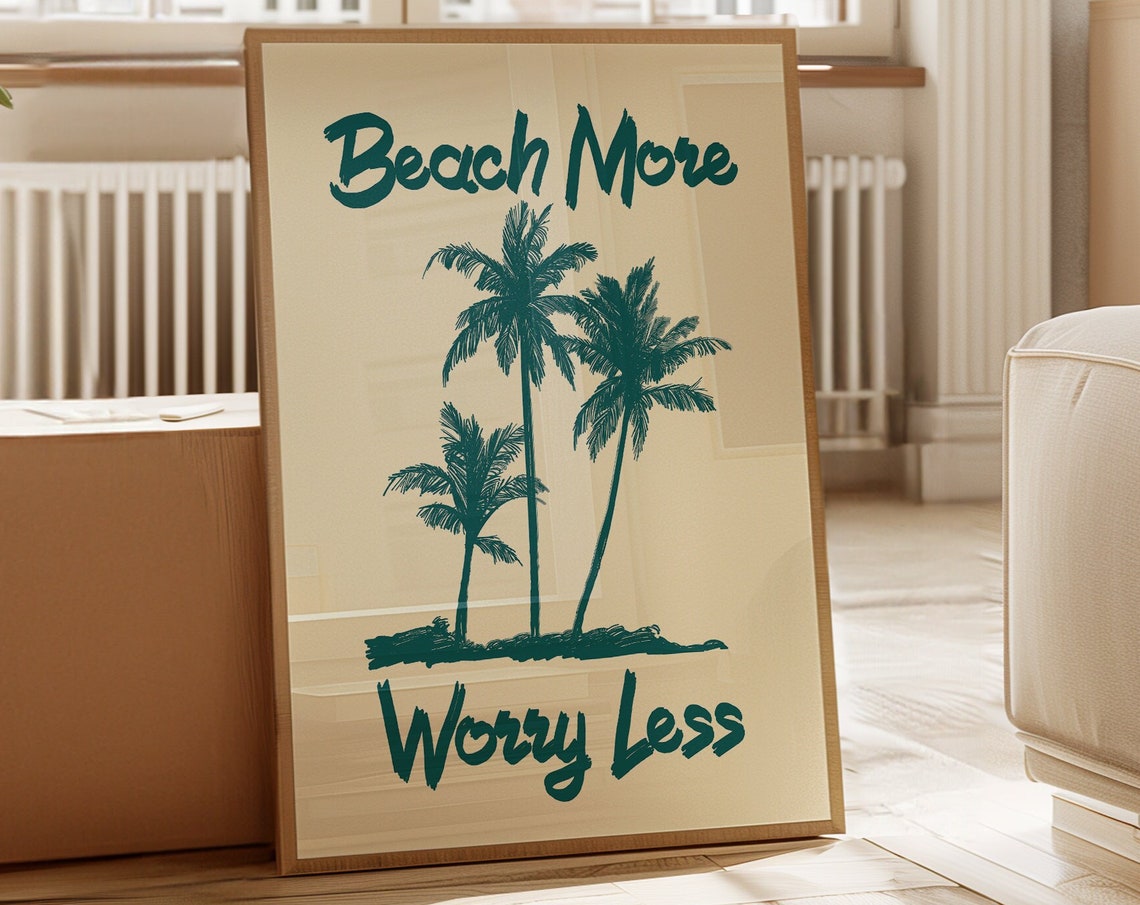 Beach More Worry Less Palm Tree Tropical Surf Quote Wall Poster
