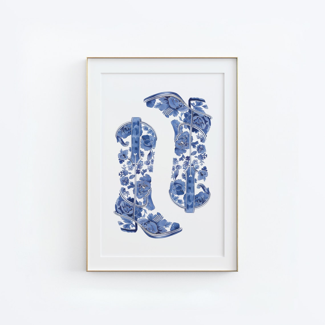 Blue Floral Chinoiserie Porcelain Cowboy Boots Western Poster