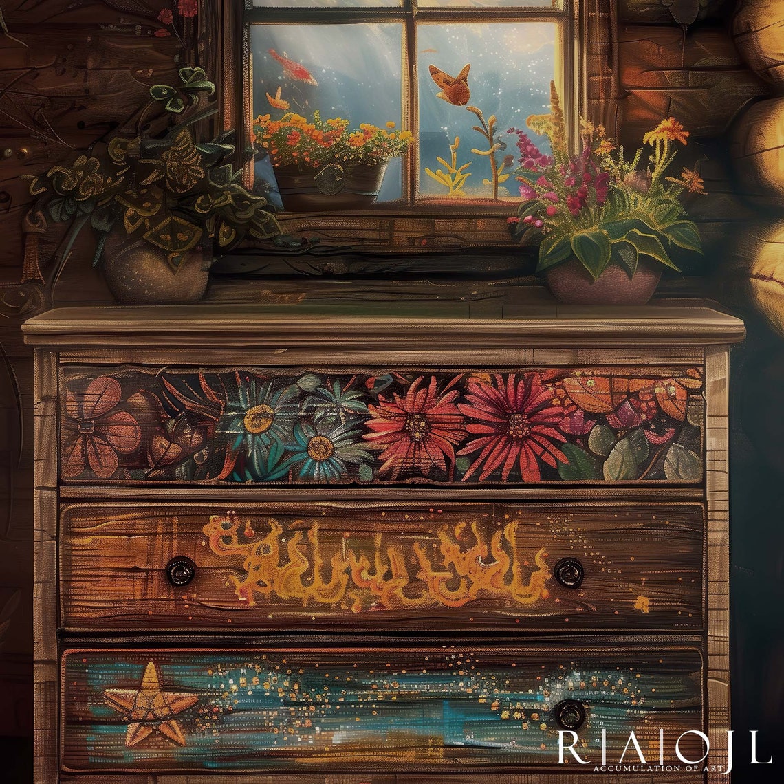 Cozy Log Cabin Folk Floral Painted Dresser Rustic Art Poster - Image 4