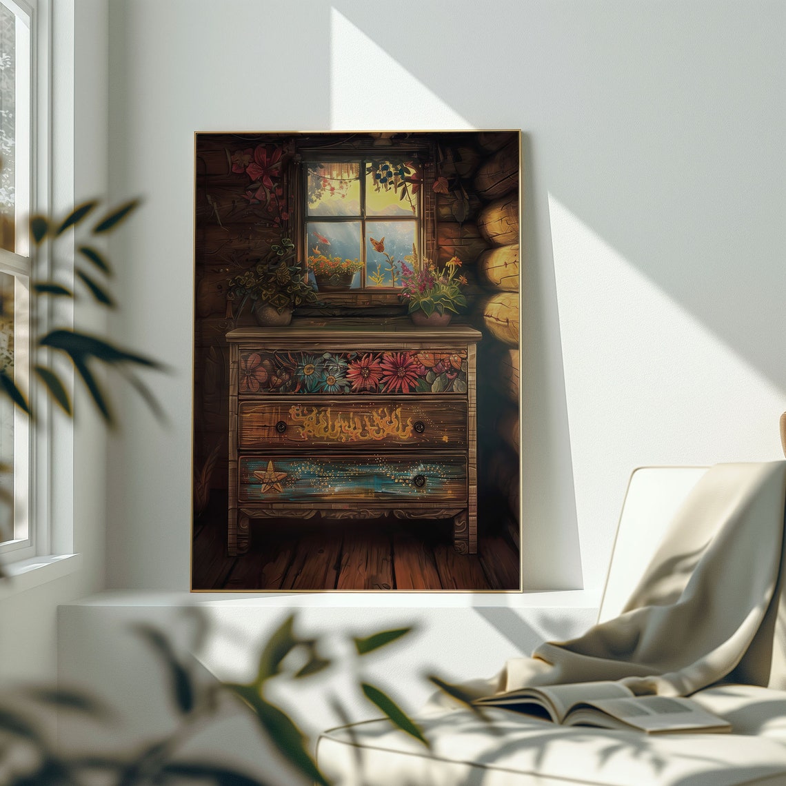 Cozy Log Cabin Folk Floral Painted Dresser Rustic Art Poster - Image 2