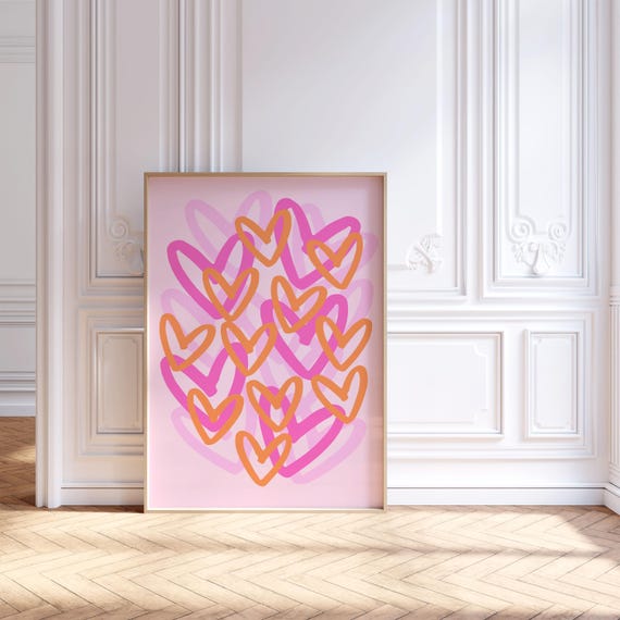 Pink Orange Preppy Hearts Print Trendy Wall Art Girly Dorm Room Decor College Apartment Abstract Poster
