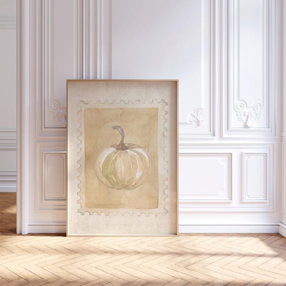 Vintage Pumpkin Stamp Print Neutral Fall Wall Art White Modern Farmhouse Kitchen Decor Seasonal Autumn
