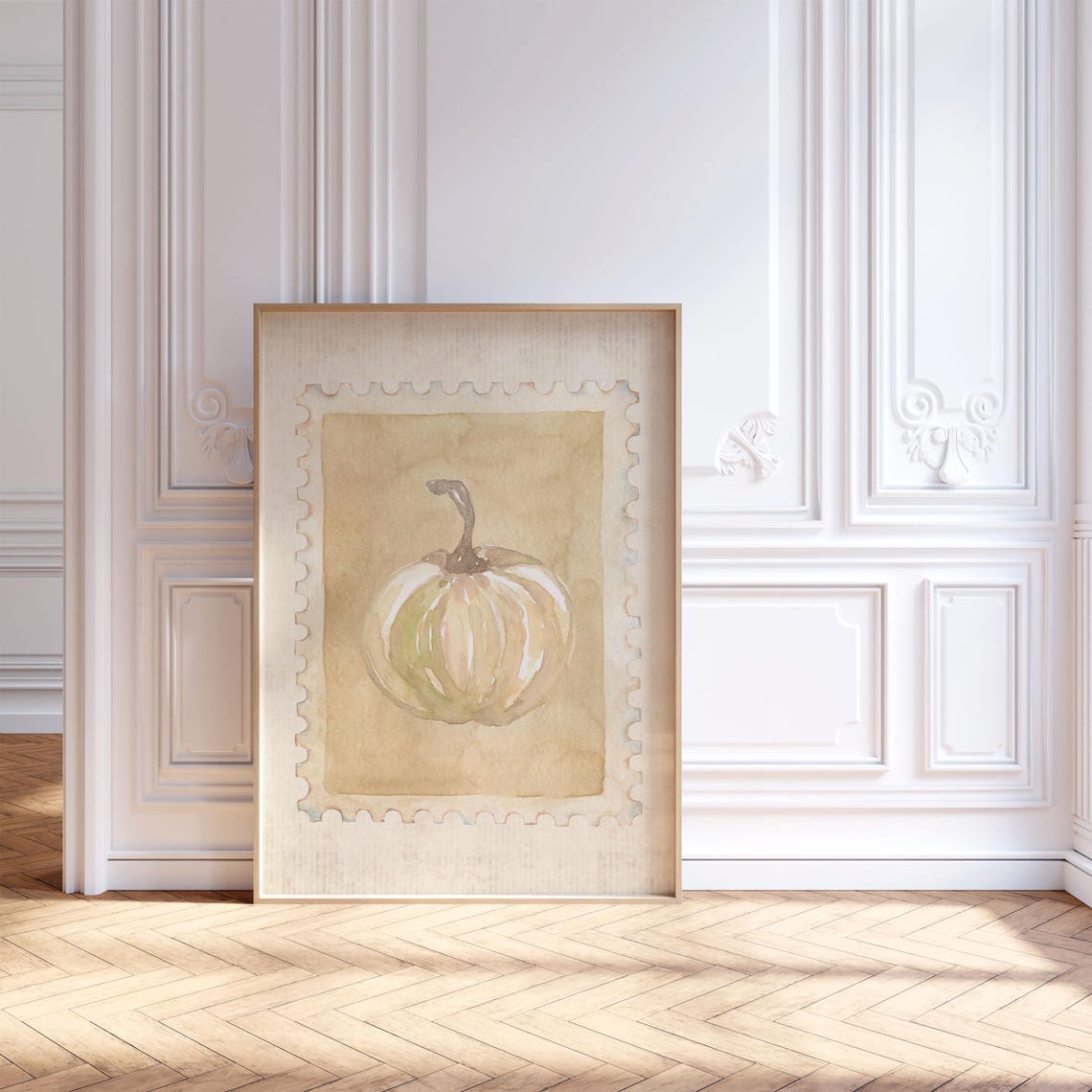 Vintage Pumpkin Stamp Print Neutral Fall Wall Art White Modern Farmhouse Kitchen Decor Seasonal Autumn