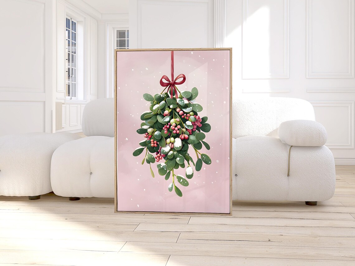 Mistletoe Christmas Sprig with Berries Pink Holiday Botanical Poster