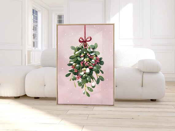 Mistletoe Christmas Sprig with Berries Pink Holiday Botanical Poster