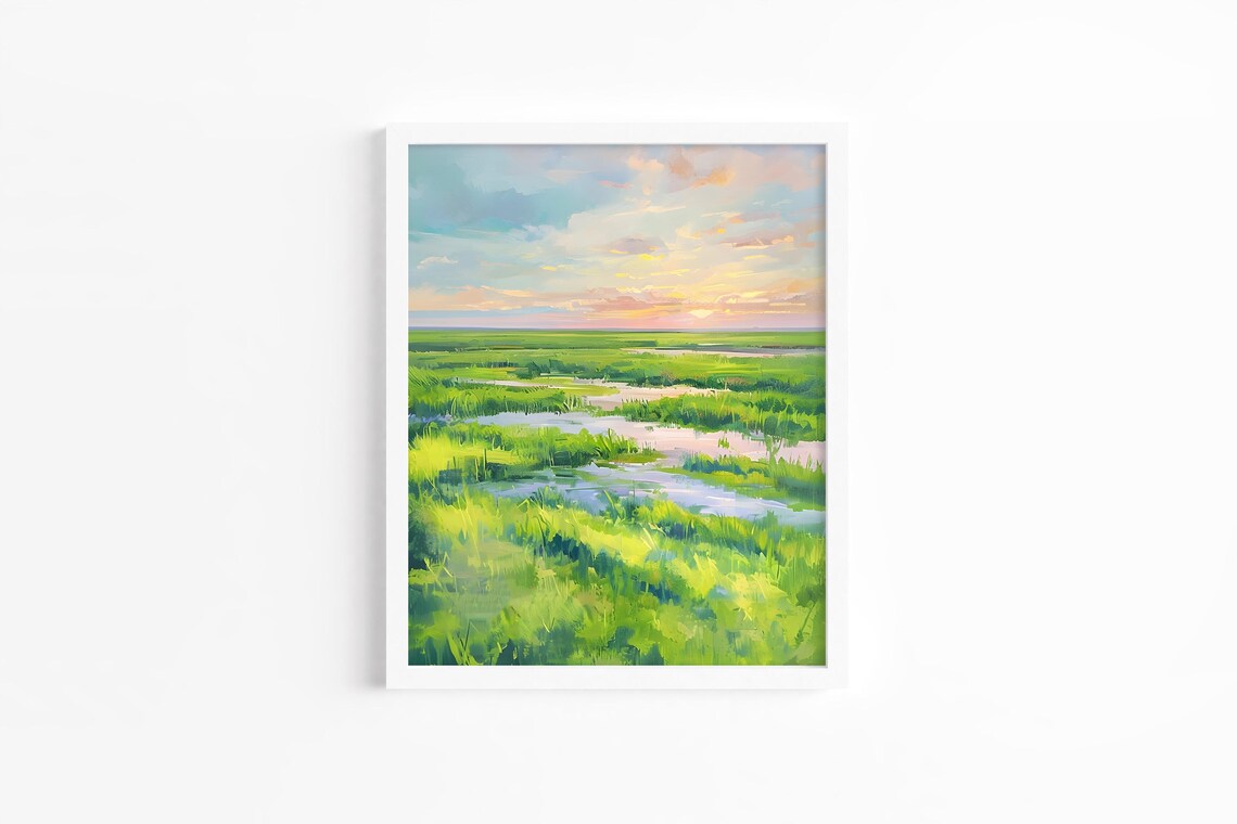 Marsh Sunset Wetlands Landscape Pastel Oil Painting Art Print
