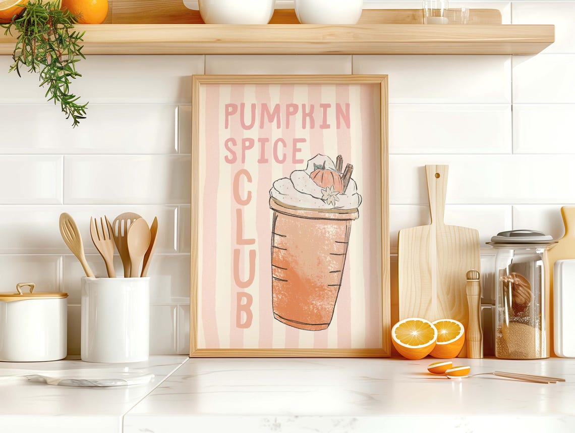 Pumpkin Spice Club Pink Girly Fall Latte Cup Kitchen Decor Poster