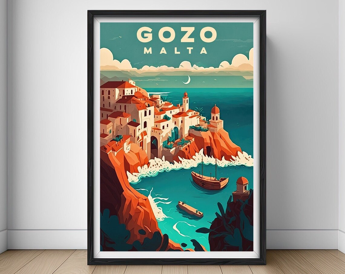 Gozo Malta Cliffside Old Town Turquoise Sea Vintage Travel Poster