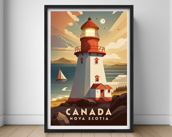 Nova Scotia Canada Red Lighthouse Coastal Vintage Travel Poster