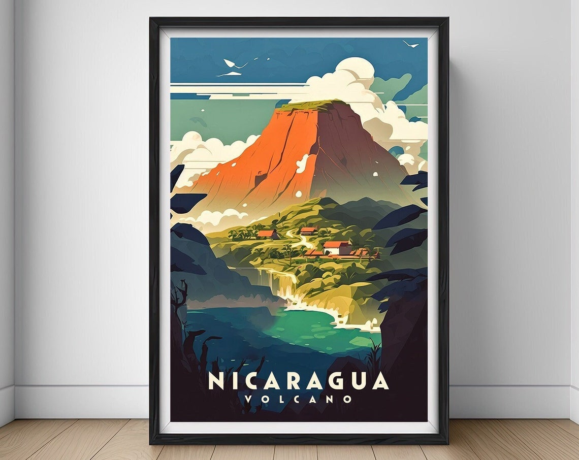 Nicaragua Volcano Travel Poster Nicaragua Volcano Wall Art Print Nicaragua Painting Illustration Nicaragua Watercolor Home Decor