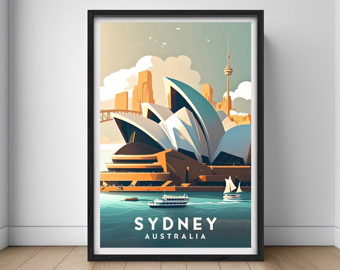 Sydney Australia Opera House Harbor Skyline Vintage Travel Poster