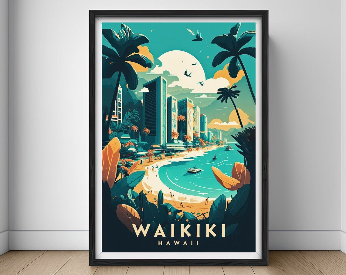 Waikiki Hawaii Travel Poster, Watercolor Illustration