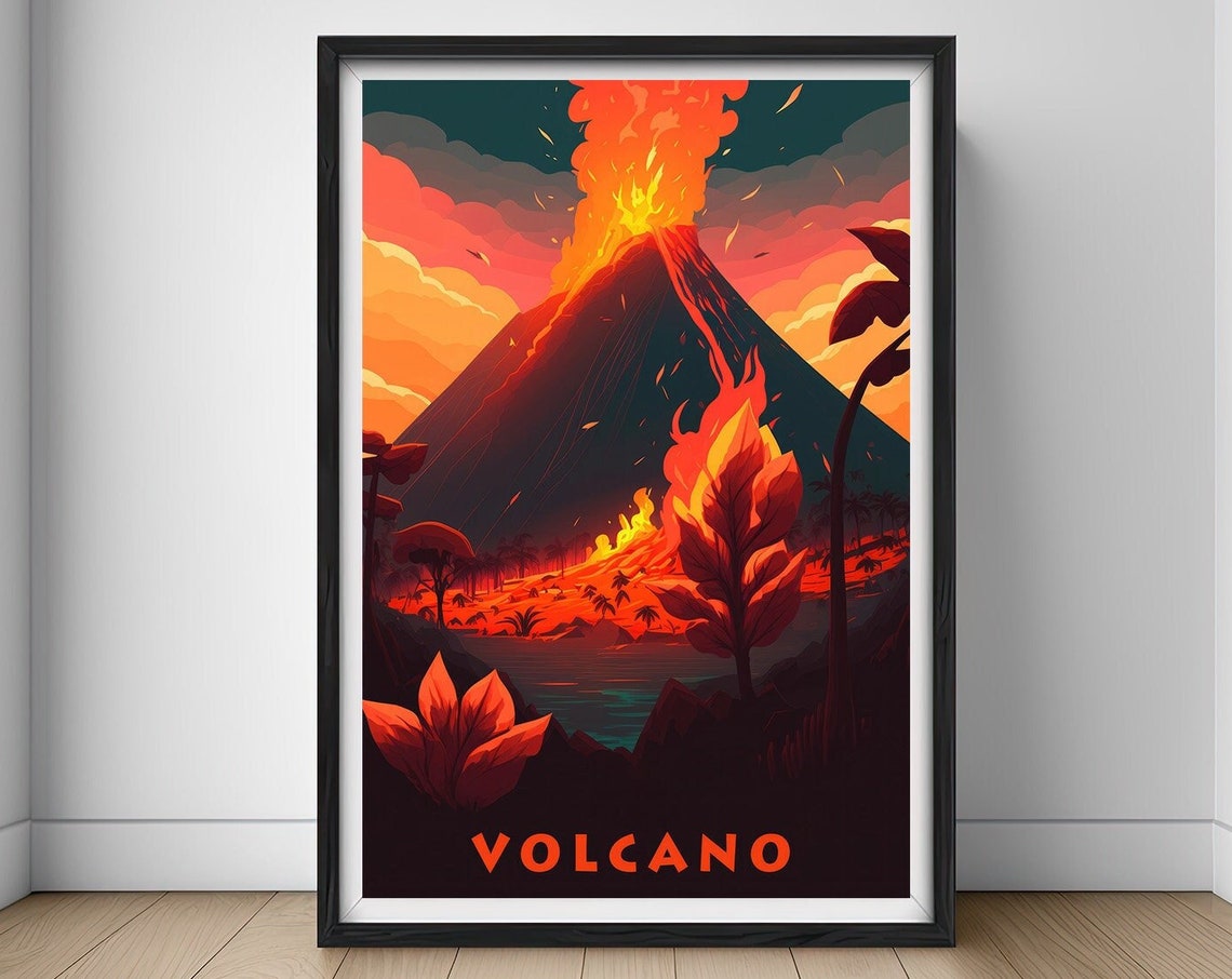 Volcano Eruption Lava Dramatic Orange Nature Landscape Art Poster