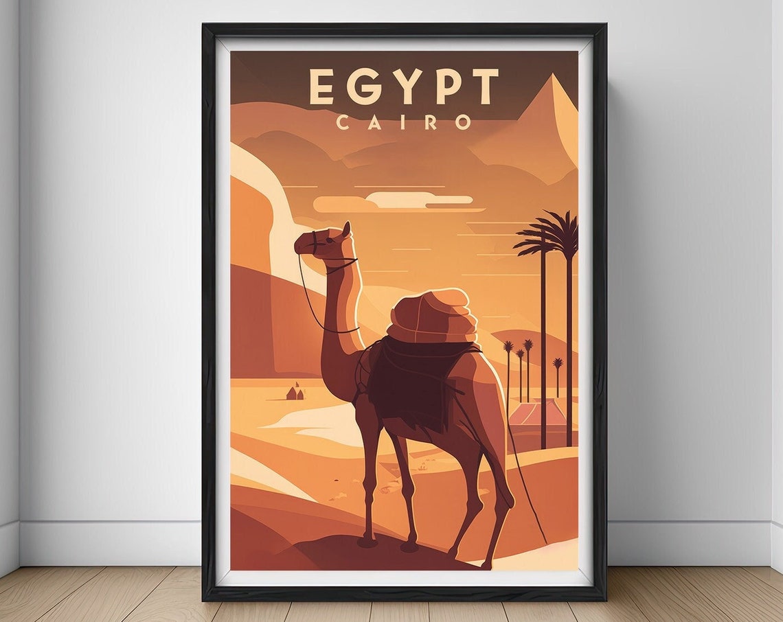 Egypt Cairo Camel Desert Pyramids Vintage Travel Poster Sunset