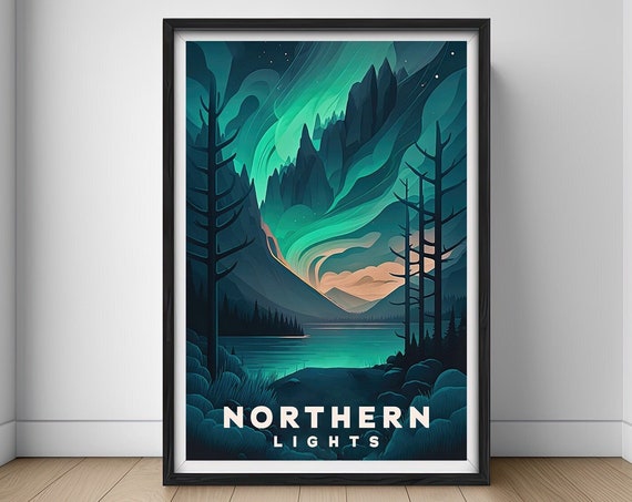 Northern Lights Travel Poster Northern Lights Wall Art Print Aurora Night Sky Aurora Painting Illustration Aurora Watercolor Home Decor