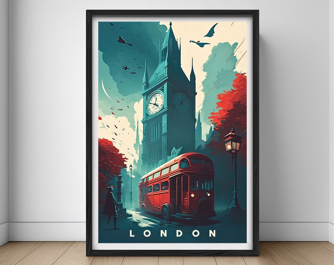 London Big Ben Red Double Decker Bus Gaslight Vintage Travel Poster