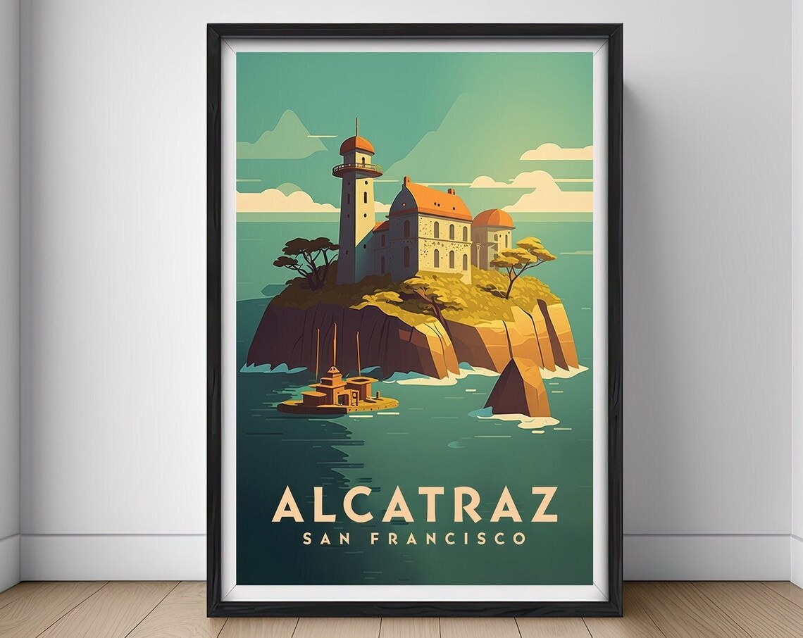 Alcatraz San Francisco Island Lighthouse Bay Retro Travel Poster
