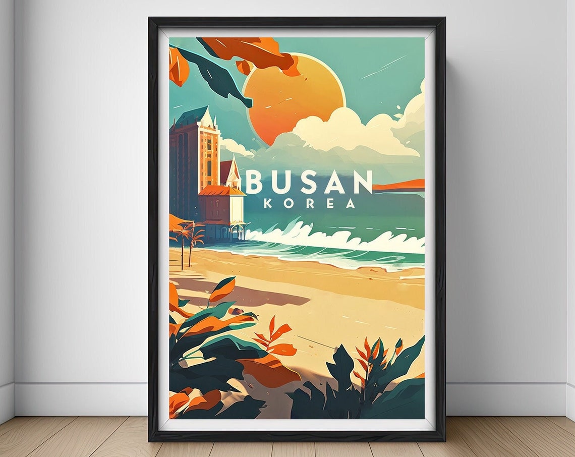 Busan Korea Beach Sunset Shores Ocean Waves Retro Travel Poster