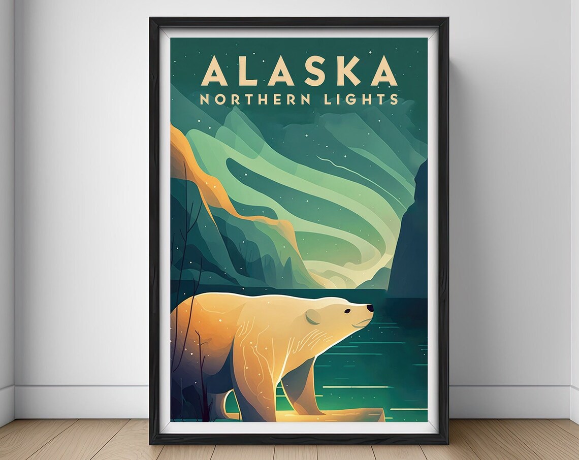 Alaska Northern Lights Watercolor Travel Poster