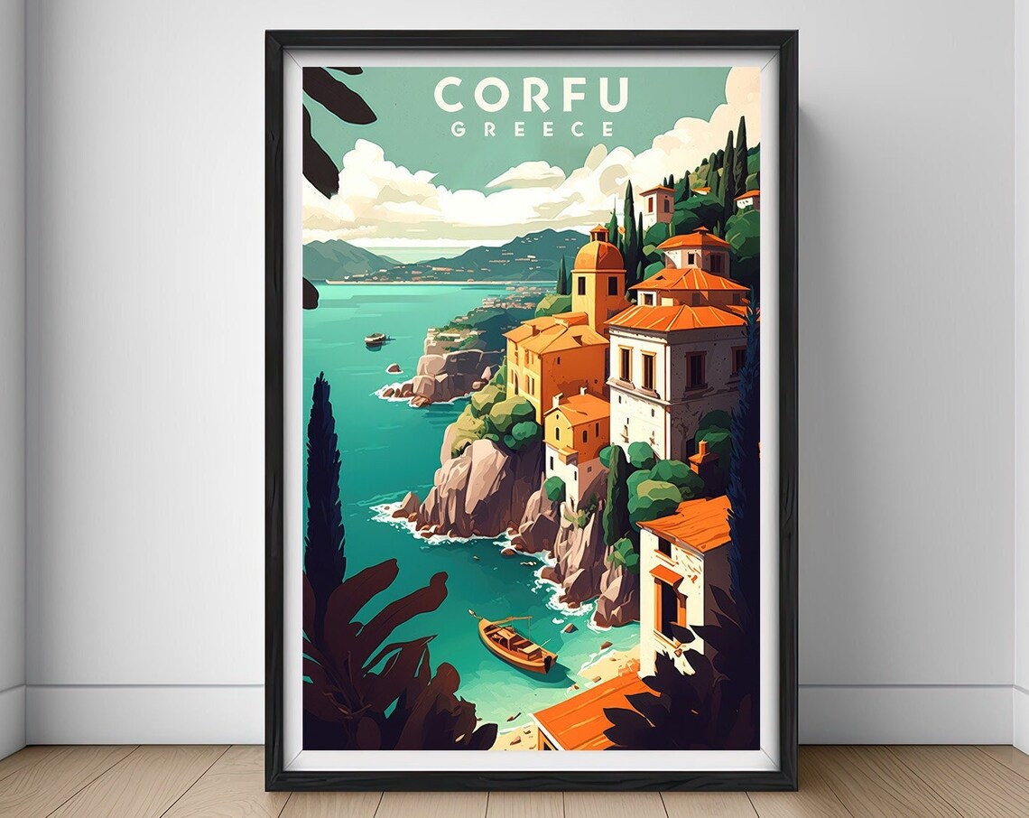 Corfu Greece Cliffside Village Ionian Coast Island Travel Poster